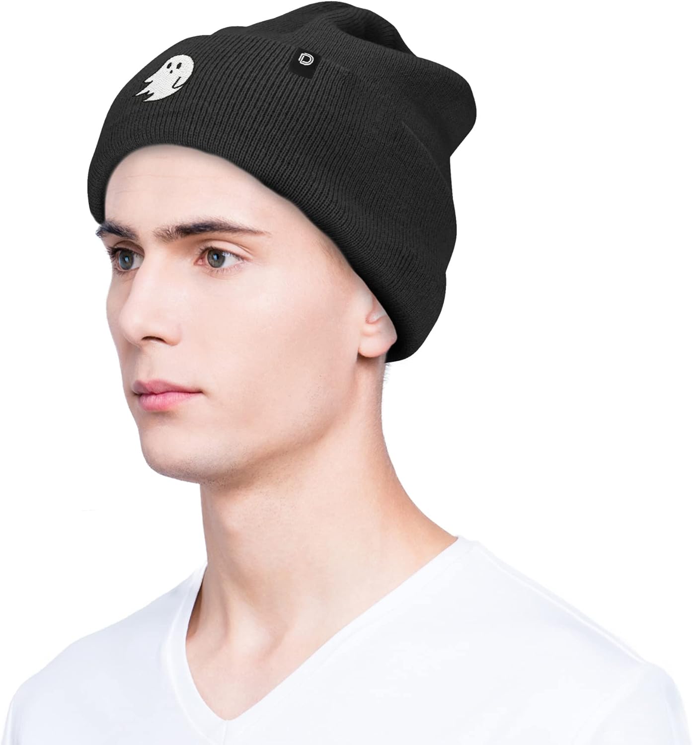 DALIX Embroidered Ghost Beanie Cap Set Cuffed Knit Hat Women Men Black