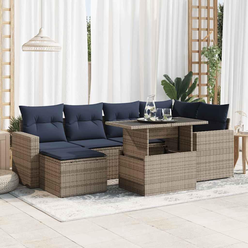 Set Divani da Giardino 7 pezzi con Cuscini Grigio Polyrattan Acacia Resistente alle Intemperie per Terrazzo Patio Veranda Lounge Relax all'Aperto