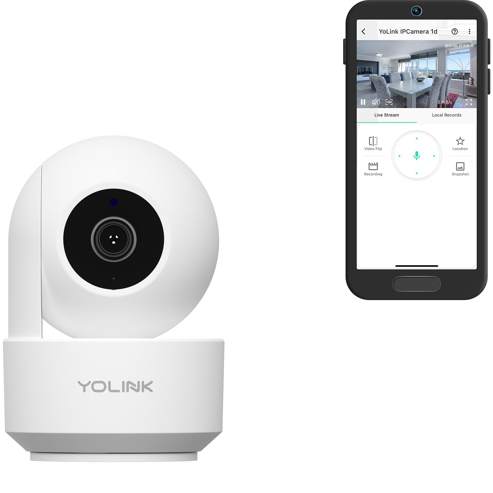YoLinkUno 2.4G WiF Wireless Home Security Camera Indoor, for Baby and Pet Monitor, 1080p Dog Camera with Phone App, Night Vision B/W, 2-Way Audio, 64G SD Card Included, 360°
