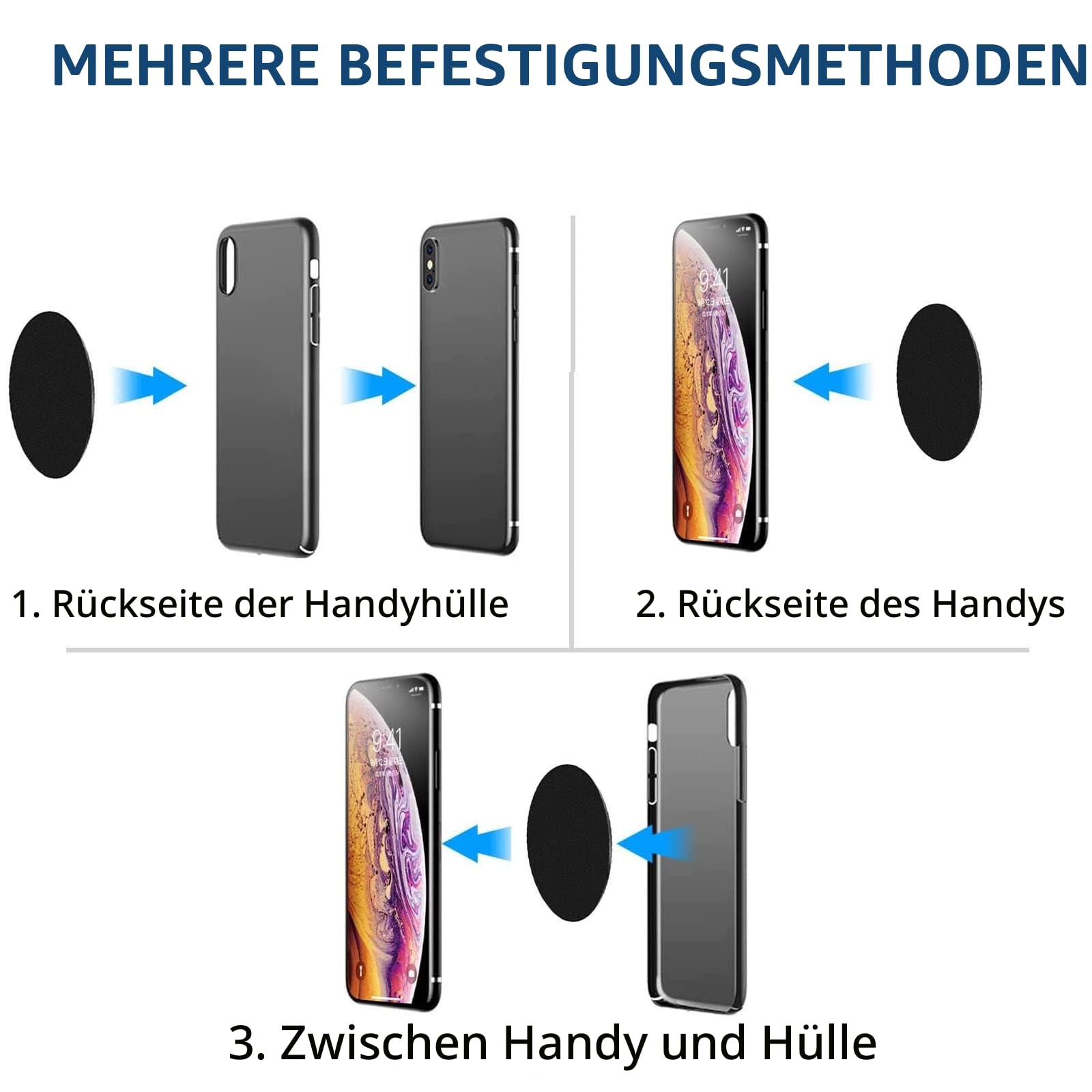 Metallplatte Metallplättchen Selbstklebend, 6 Stück Handy Metall Platte Selbstklebende Set, Mit Starkem Kleber für Magnete Kfz Zubehör Handy Handyhalterung Auto, Schwarz + Silber