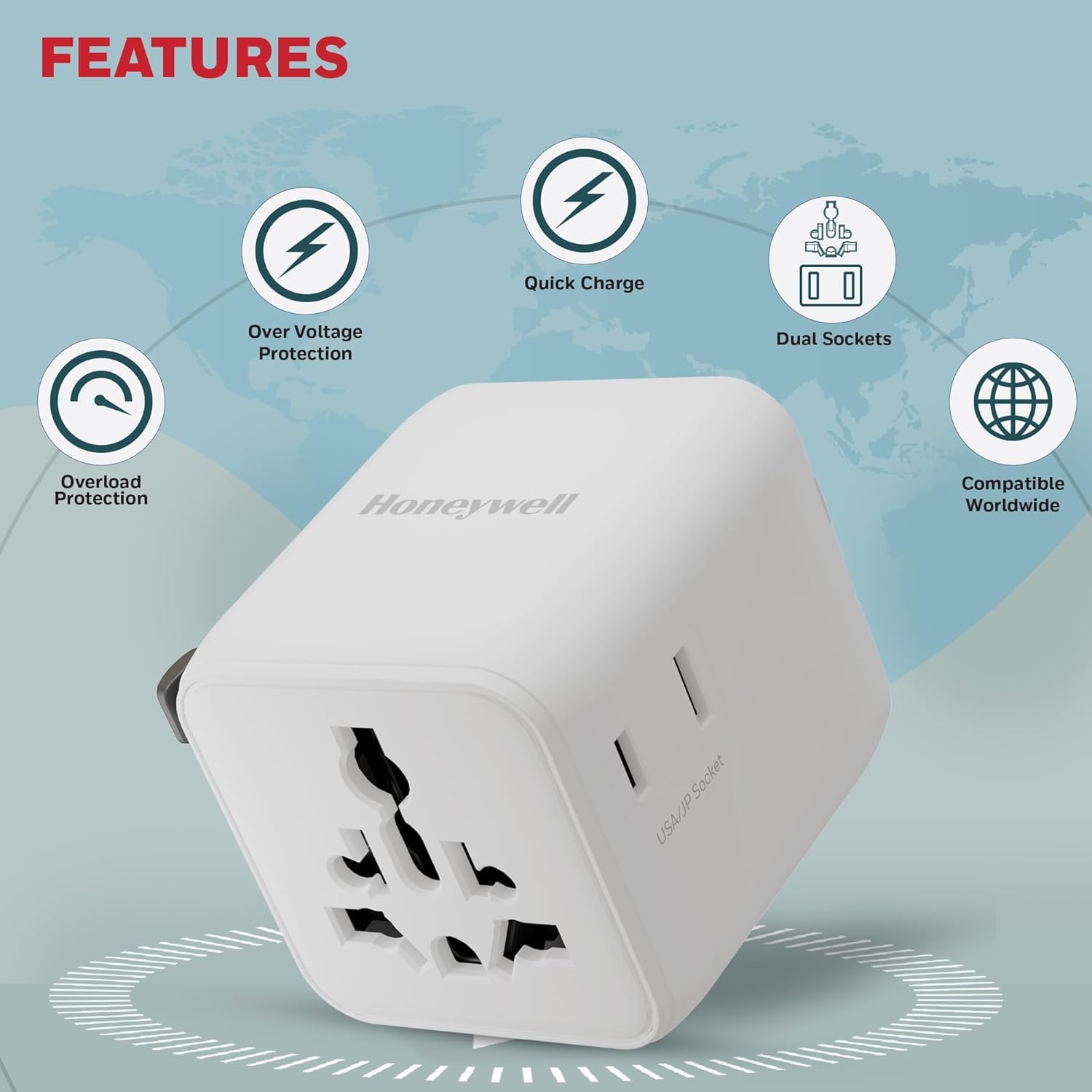 Honeywell New World Travel Adapter, Universal & US Socket, Charge 2 Devices Simultaneously, Worldwide Plug for EU, US, UK & CN/AUS, Overload & Over Voltage Protection, 3 Year Manufacturer Warranty — Amazon image 3