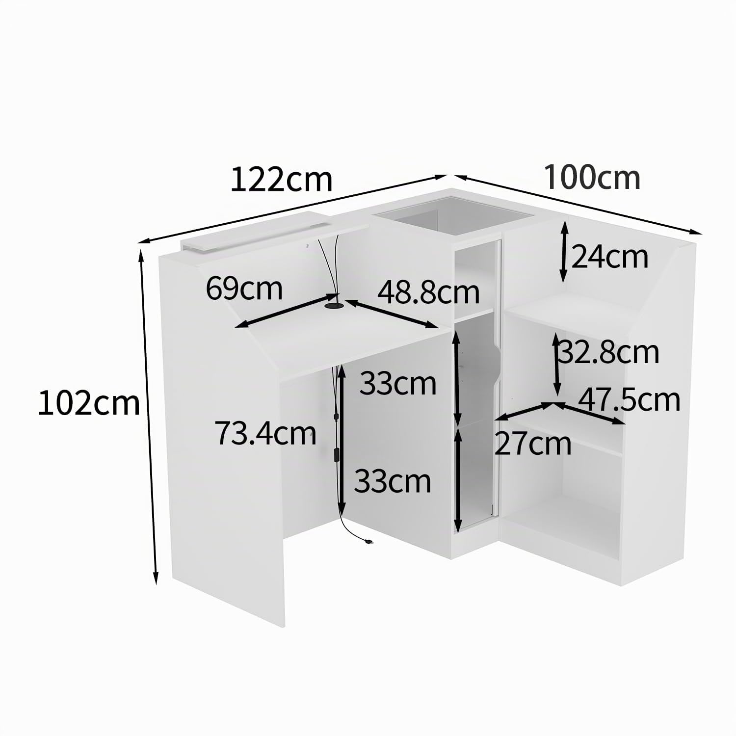 Cassetto angolare bianco con cassetto tastiera e 2 armadi, cassette ricezione con strisce luminose e vetro tempered, tavolo reception 120x122
