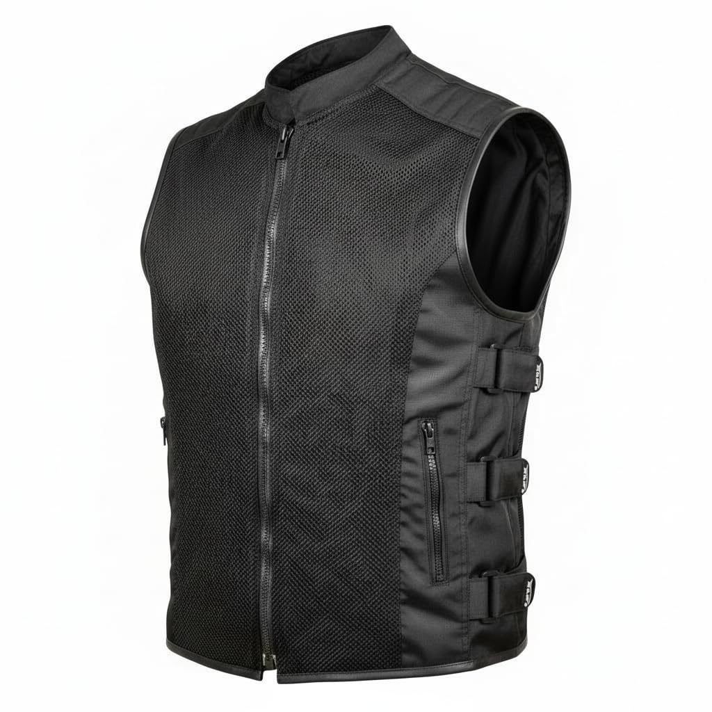MDM Gilet da motociclista, da uomo, da motociclista, estivo, da motociclista, traspirante, con cerniera, regolabile, nero