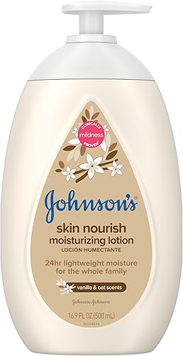 Johnsons Skin Nourish - Loción hidratante para bebés para pieles secas con aromas de vainilla y avena loción corporal suave y ligera para toda la Johnsons Skin Nourish - Loción hidratante para bebés para pieles secas con aromas de vainilla y avena loción corporal suave y ligera para toda la