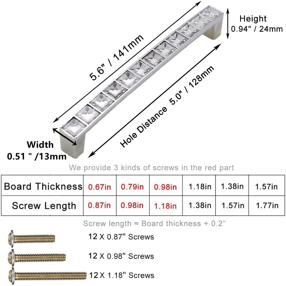 6Pcs U Shape Crystal Glass Drawer Pulls Knobs Handles,Modern Decorated Shiny Cabinet Konbs Zinc Alloy Pulls, for Cupboard Wardrobe Dresser Doors (5.0" Hole Distance, Silver, 6 Pack)