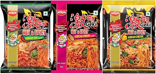 Geki Nissin Hot & Spicy Korean Ramen Instant Noodles Variety Pack Vegetarian, Kimchi & Cheese Flavors | Bold & Spicy Trave...
