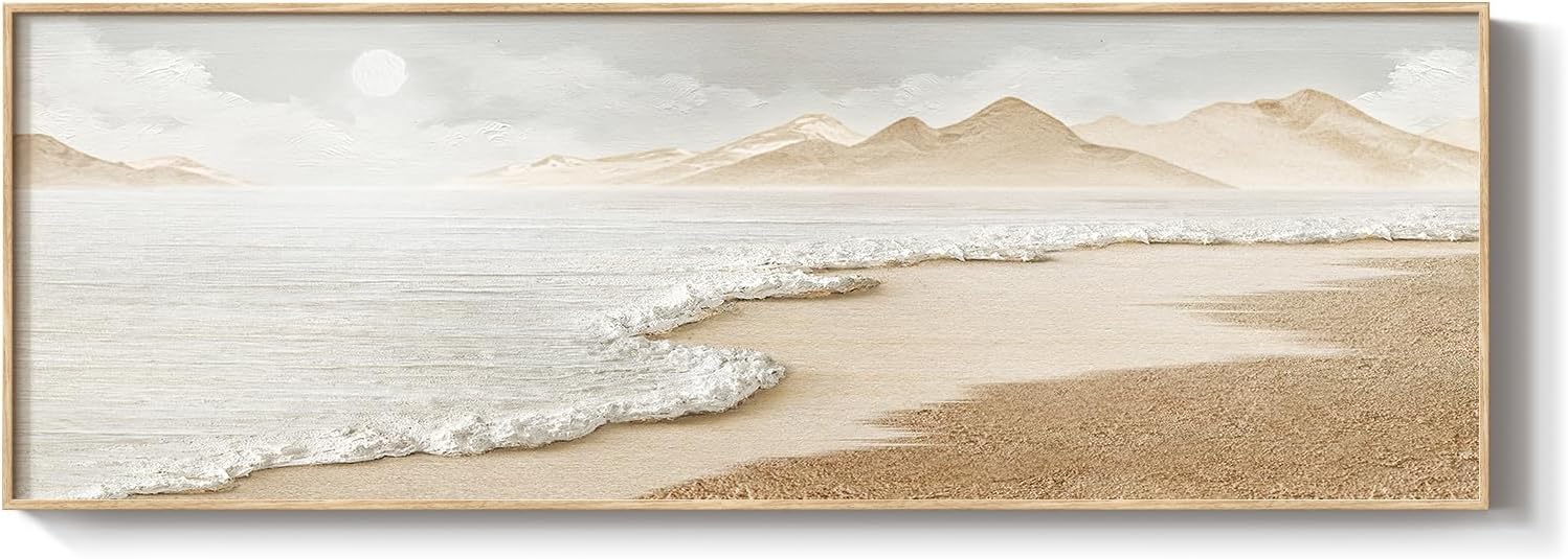 framed boho abstract beach wall art for bedroom - long narrow horizontal canvas artwork for walls, coastal ocean prints large paintings for farmhouse, living room, office wall decor - size 16" x 48"