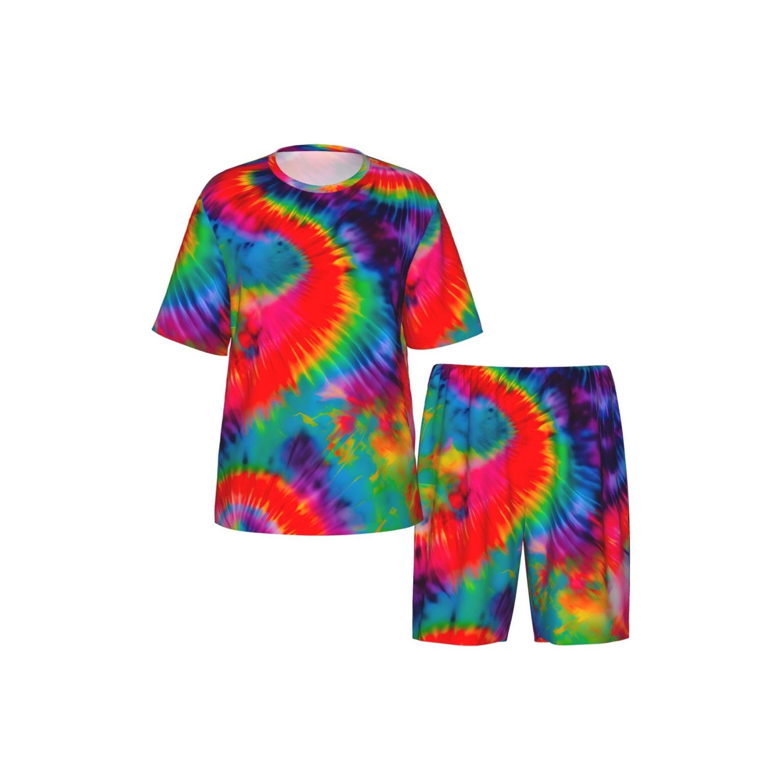 Conjunto de pijama clásico con estampado de teñido anudado colorido para hombre, pantalones cortos de pijama suaves para hombre, perfecto para las noches de verano