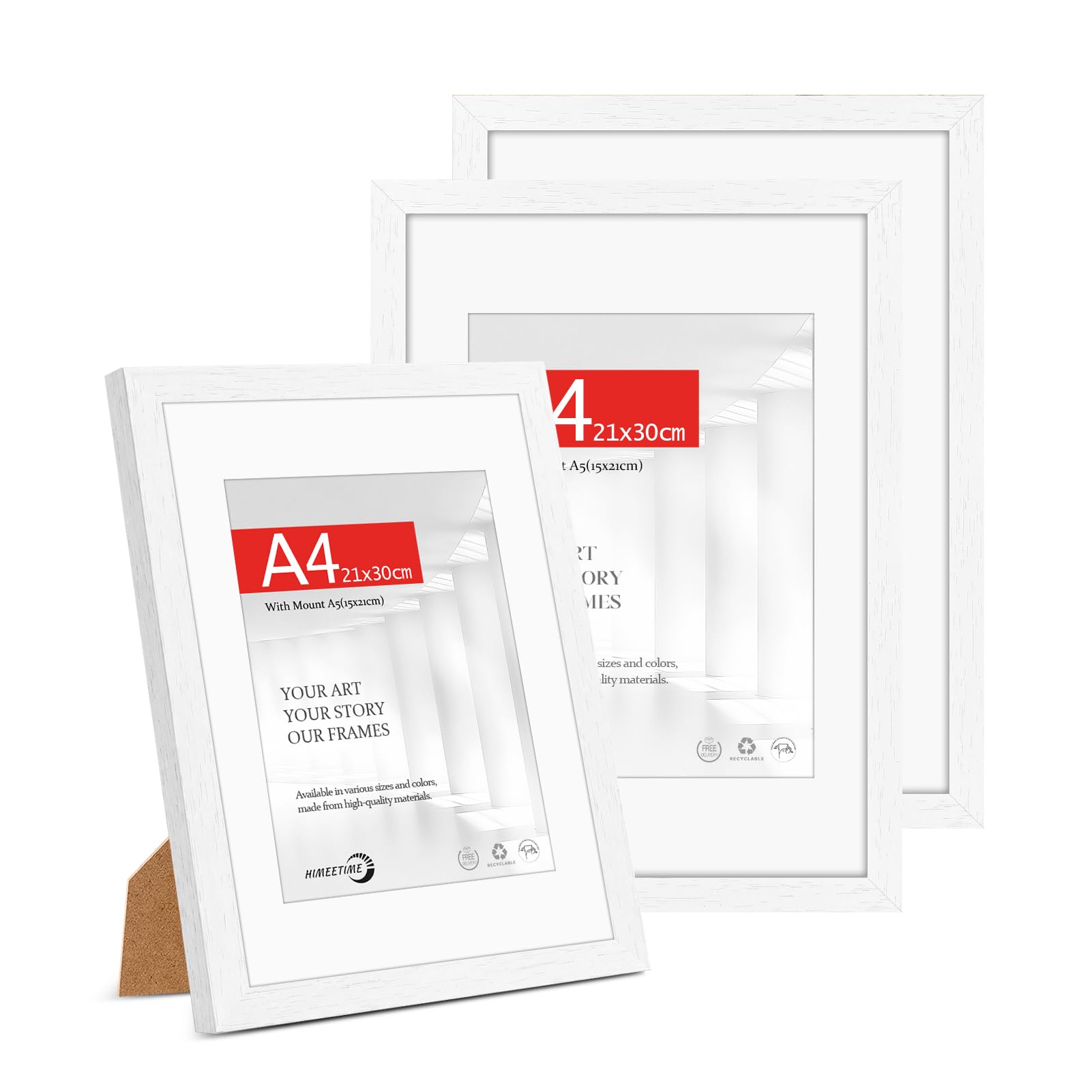 HIMEETIME® 3x A4(21x29.7cm) Picture Frame White Wood.A4 Photo Frame with Mount for A5(14.8x21cm) — Includes HD Perspex and Stand for Tabletop or Wall Hanging