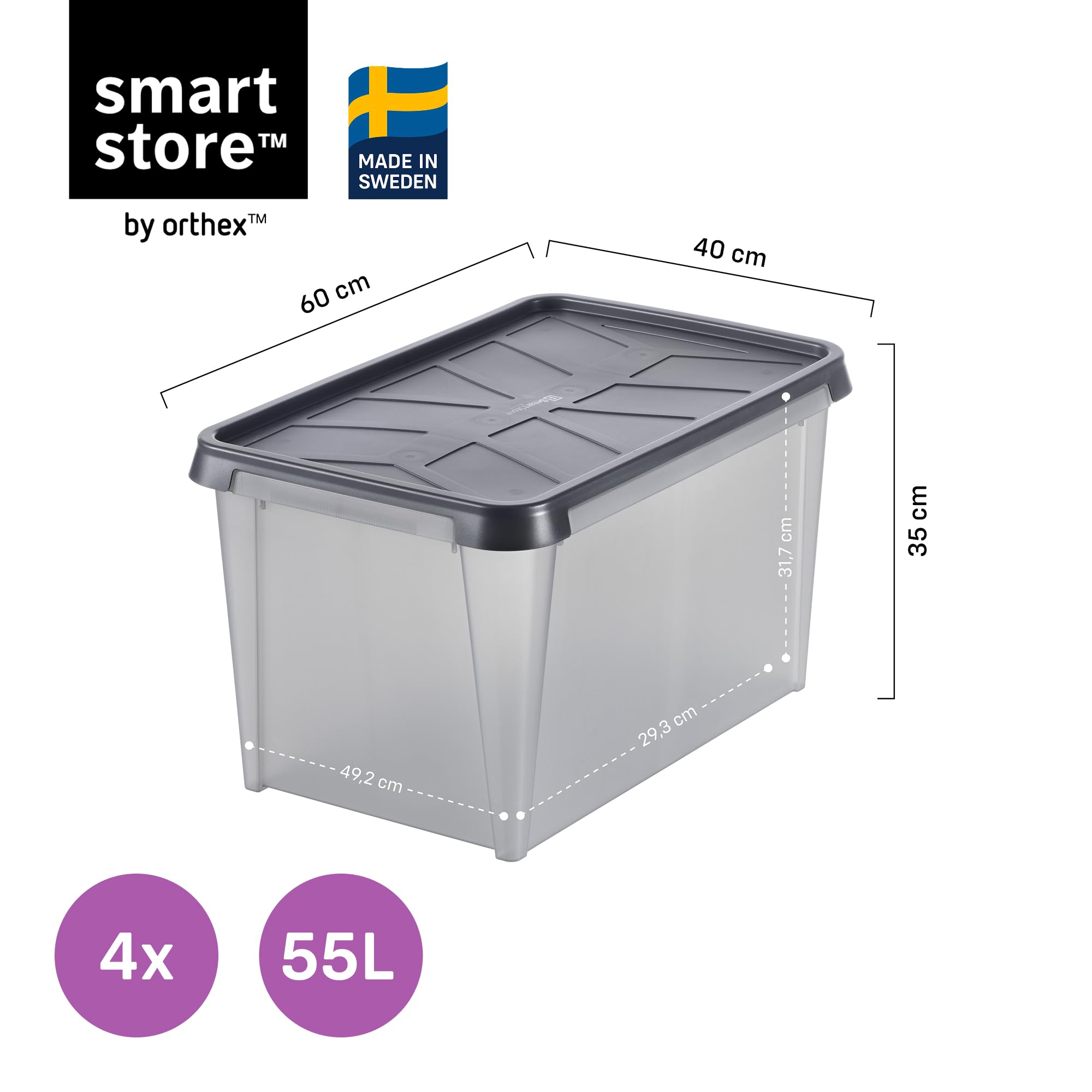SmartStore Caja Almacenaje con Tapa 55 L I Pack 4 Cajas Apilables I 60 x 40 x 35 cm I Impermeable, Antipolvo I Garaje, Trastero, Sótano I Apta Alimentos I Made in Sweden 10 Años