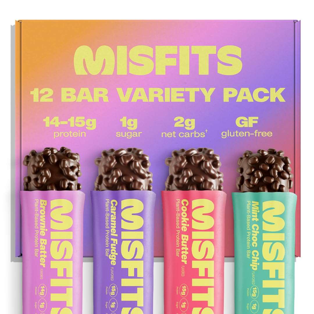 Misfits Protein Bar Variety Pack | Nutrition Bars - 14-15g Protein, 1g Sugar, Plant-based, Low Carb, Non-GMO, Gluten Free Snacks | Pack of 12, Multiple Flavors
