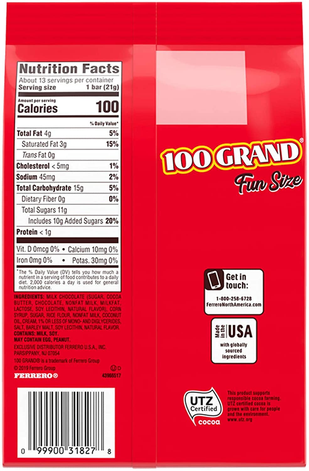 100 Grand Milk Chocolate Fun Size Candy Bars, Bulk Individually Wrapped Ferrero Candy Bag, 10 oz, 6 Count
