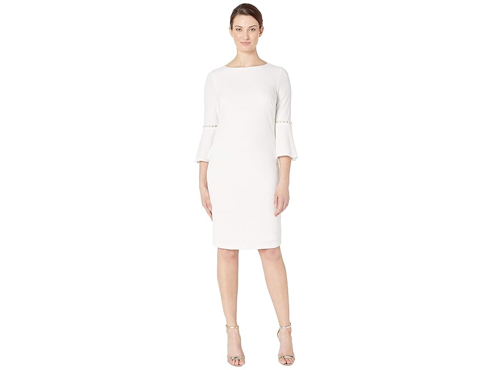 

MARINA Stretch Crepe Sheath with Bell Sleeve (Ivory) Women's Clothing, White
