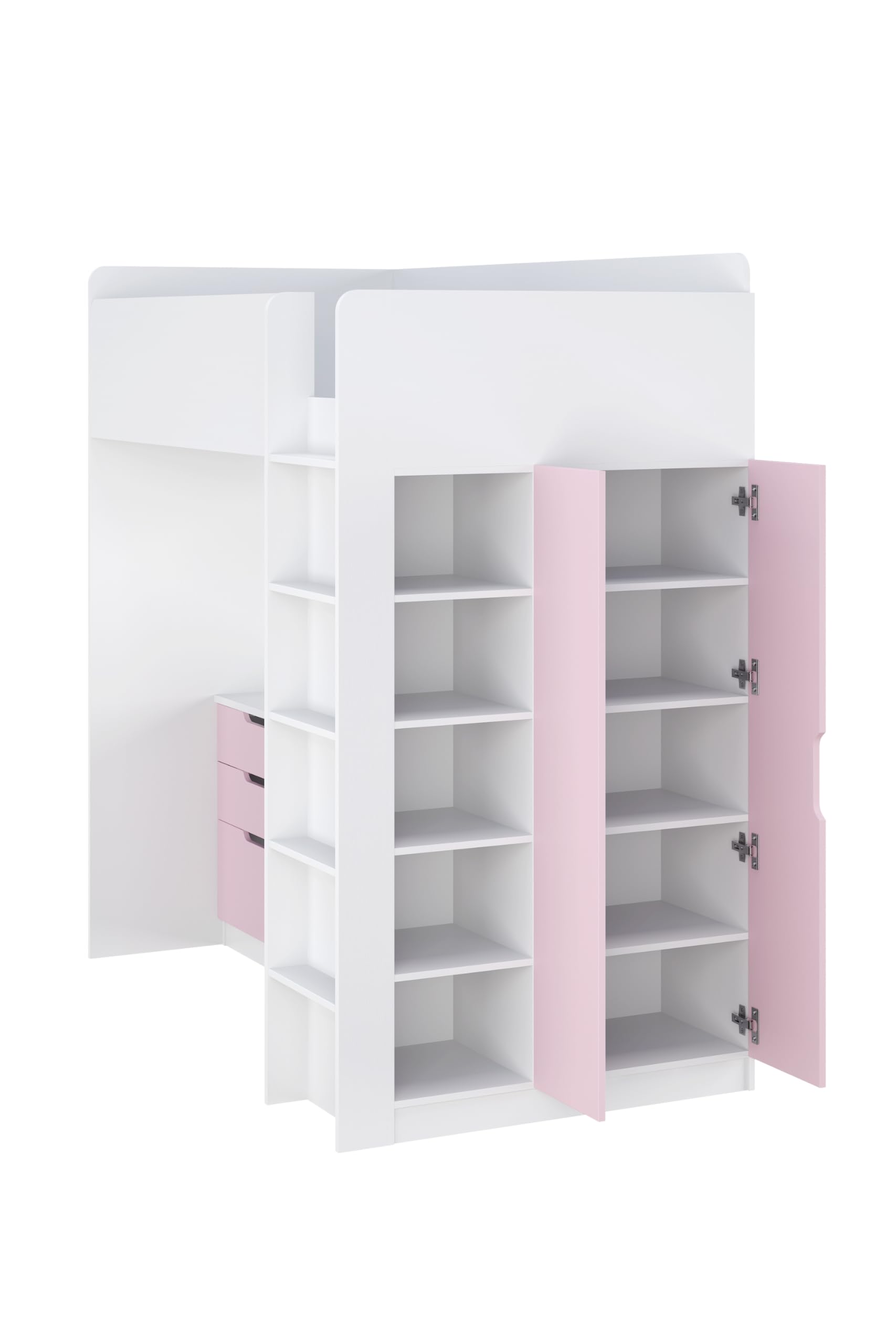 Shefa Kids Hochbett Mit Schreibtisch - Platzsparendes 5-in-1 Hochbett Kinder Mit Treppe, Kleiderschrank, Regal & Arbeitsbereich - Rosa, Belastbar Bis 90 Kg, Maße: 206 x 107 cm