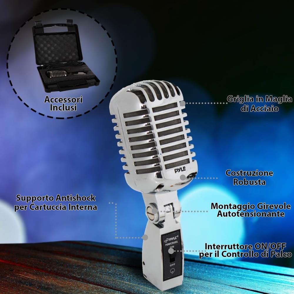 Pyle Microfono Vocale Dinamico Retro, Stile Vintage Metallico Unidirezionale Cardioide con Cavo XLR, Adattatore Universale, Registrazione in Studio e Performance Live