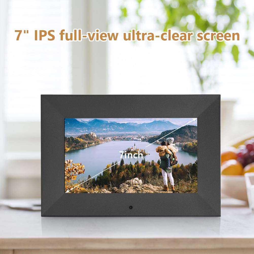 Vicloon 17,8 cm cyfrowa ramka na zdjęcia, HD ekran IPS, odtwarzacz zdjęć/muzyki/wideo/kalendarz/alarm, z pilotem zdalnego sterowania, obsługa kart USB/SD, możliwość montażu na ścianie (bez WiFi)