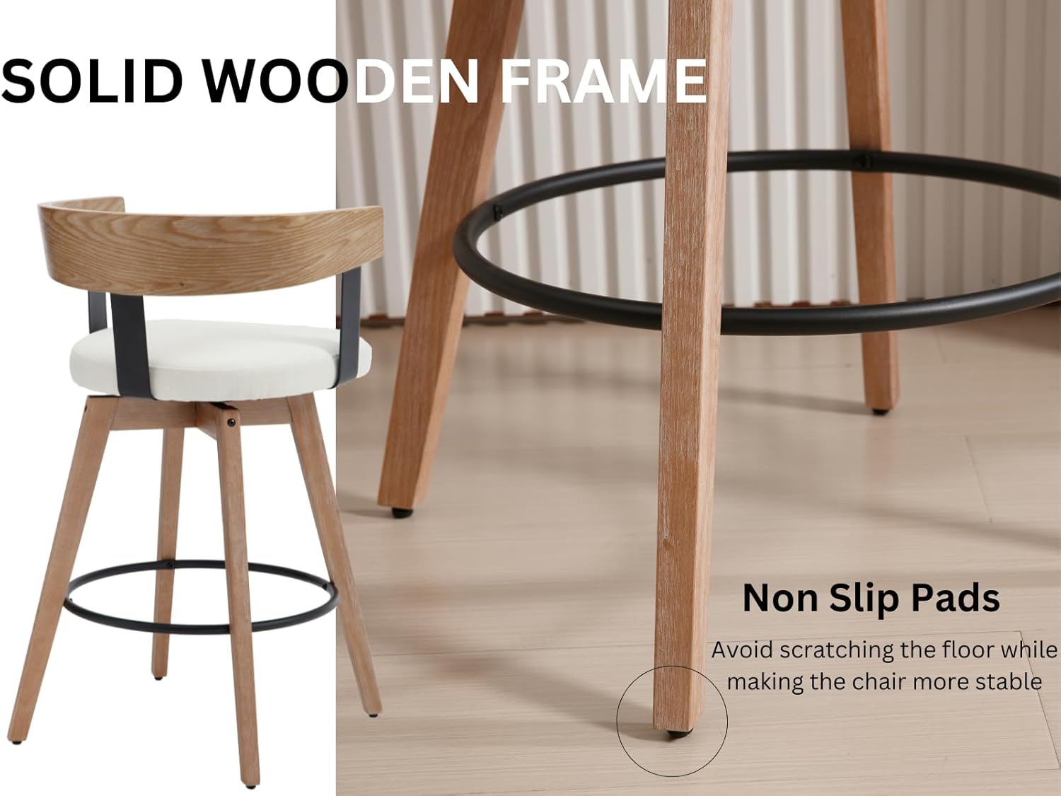 Swivel Bar Stools Set of 2, 26" Upholstered Counter Height Bar Stools with Footrest, Modern Barrel Bar Chairs Wood Barstool with Linen Seat for Dining Room Kitchen Island Home Bar, White