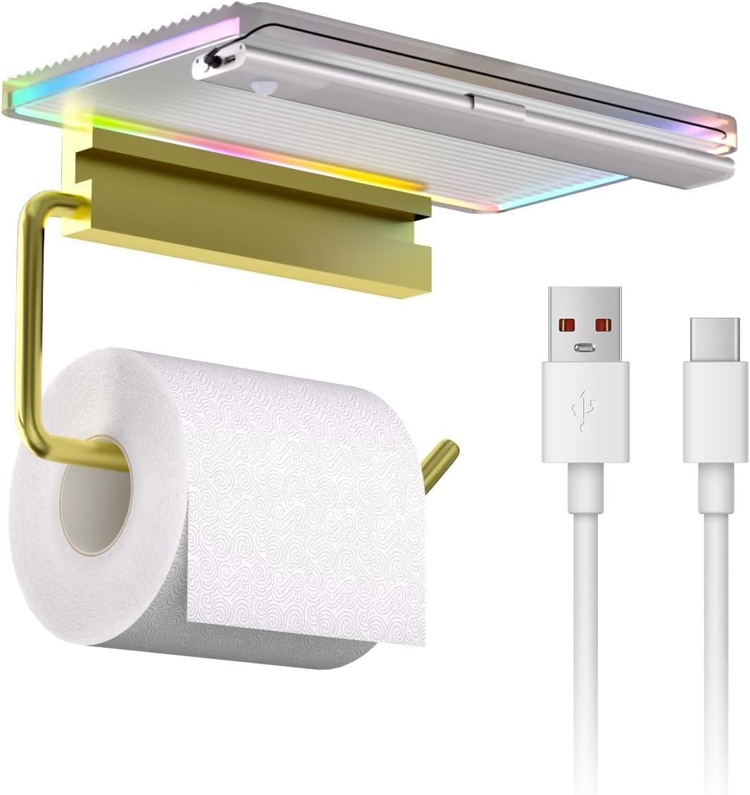 Toilet Paper Roll Holder with Shelf,Toilet Paper Holder with RGB Led Motion Sensor Light Wall Mounted with Screws,Rustproof Bathroom Tissue Holder Perfect for Bathroom Kitchen (Yellow)