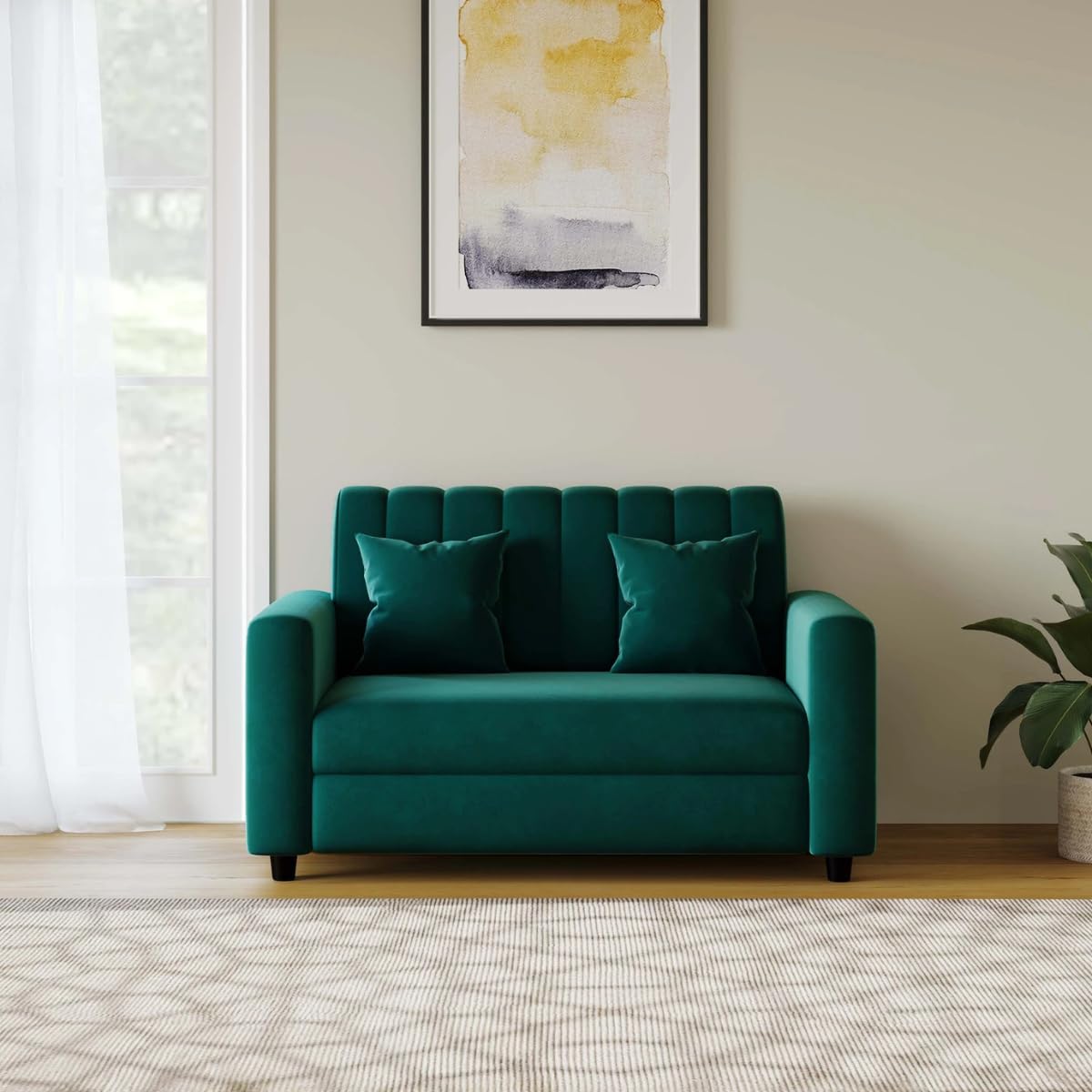 SleepArt Luna Fabric 2 Seater Sofa for Living Room | Modern Compact Couch with High Backrest & Fixed Cushions | DIY Assembly (Green)-image-22