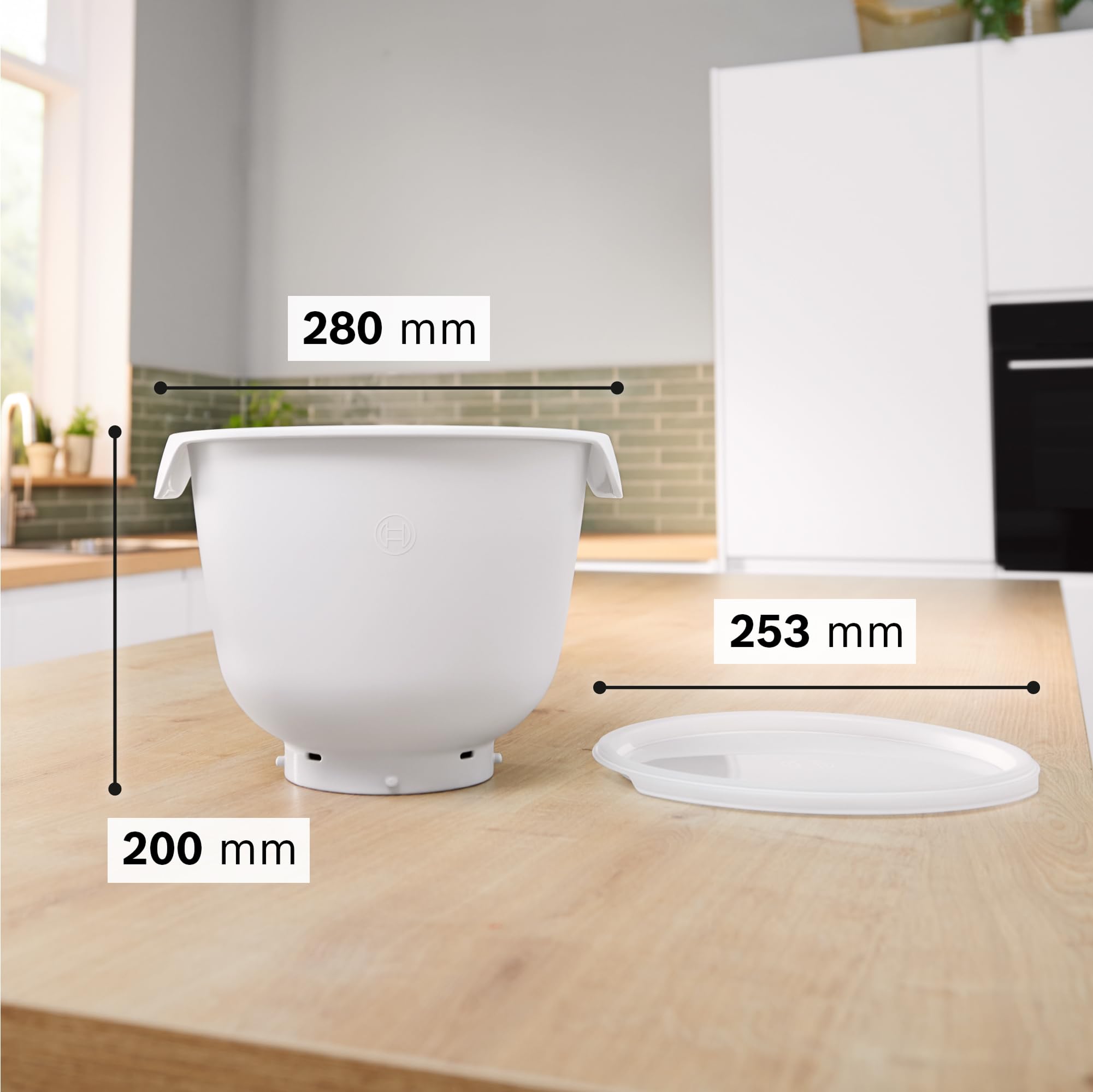 Bosch MUZS6KR miska do mieszania z tworzywa sztucznego, z pokrywką i uchwytami, pojemność 5,5 l, nie zawiera BPA, elastyczna, do robotów kuchennych Bosch seria 6, biała