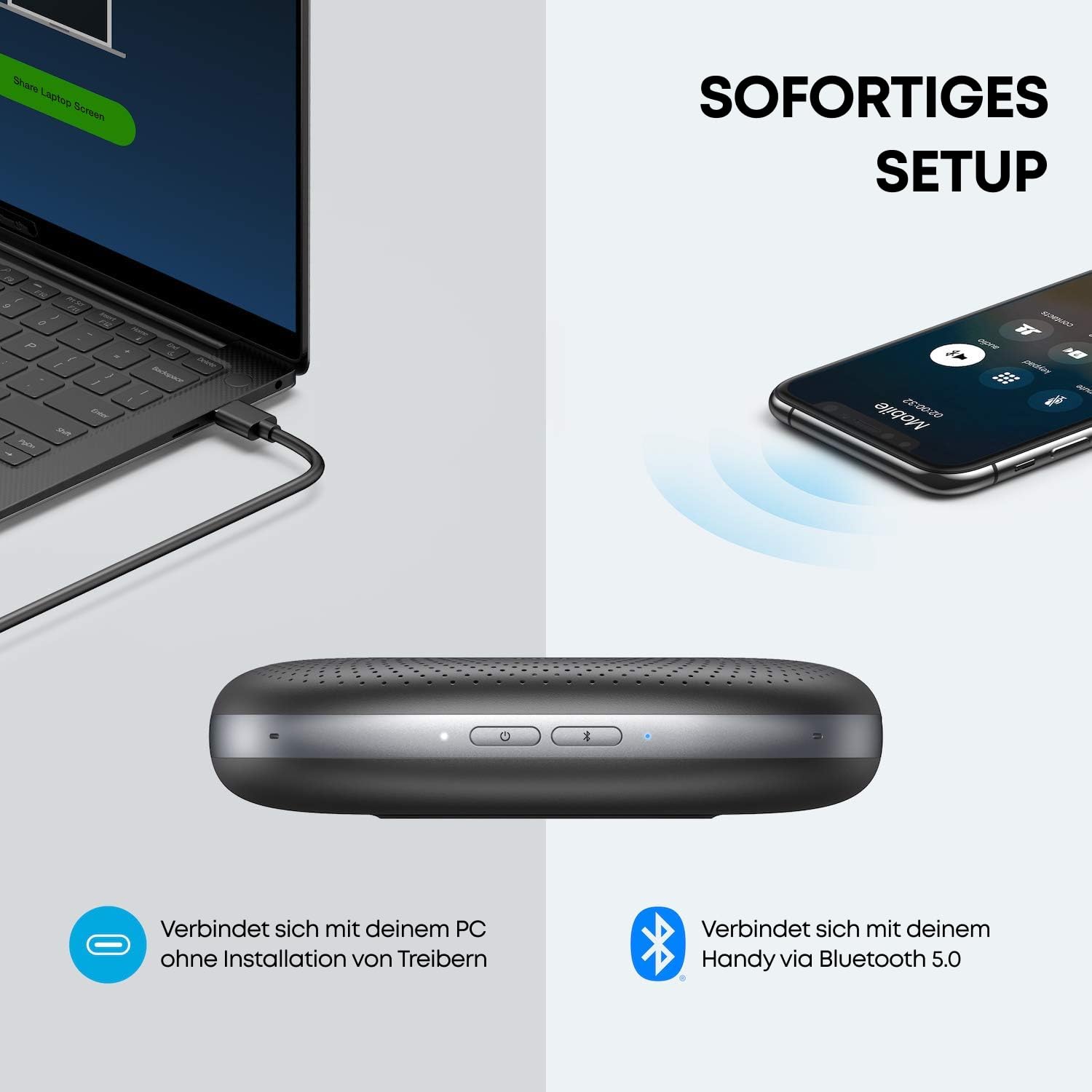 Anker PowerConf Bluetooth Konferenzlautsprecher mit 6 integrierten Mikrofonen, verbesserter Tonaufnahme, 24 St. Akku, USB-C Konnektivität, für Homeoffice (Schwarz)