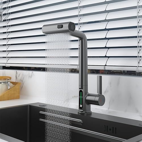 Miniatura 10 de Weirun Grifo extraíble para fregadero de cocina con cabezal de pulverización de lluvia, pantalla digital, mezclador para bar, lavandería, rv,