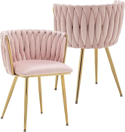 Miniatura 23 de Kiztir Juego de 4 sillas de comedor de terciopelo modernas tapizadas con respaldo tejido y patas de metal dorado para sala de estar, dormitorio,