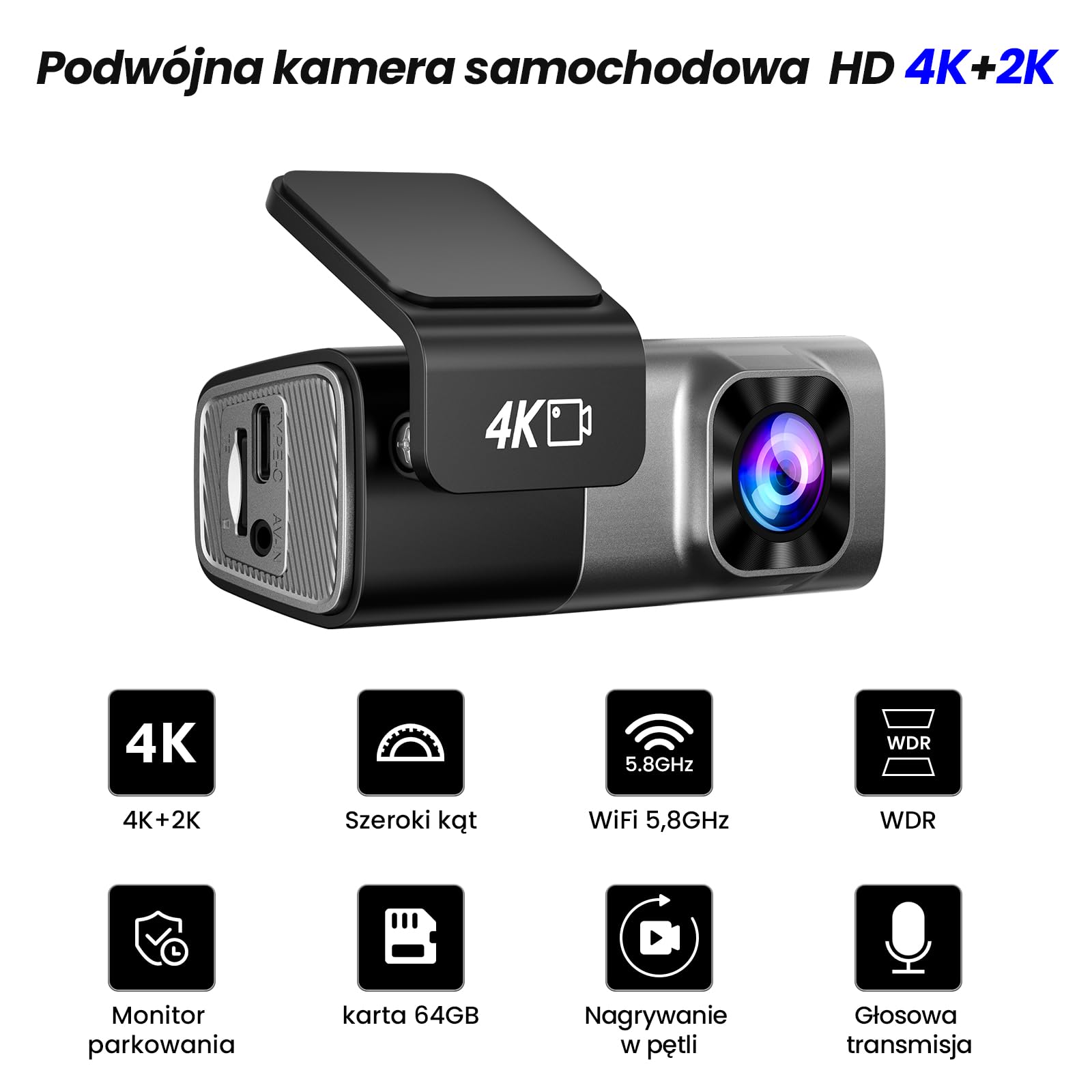 Kamera samochodowa Dashcam podwójna 4K/2K WiFi z aplikacją – Przednia 4K + Tylna 2K, Mini Kamera Samochodowa, Karta 64 GB, Noktowizja, Nagrywanie w pętli, Tryb Parking 24 h