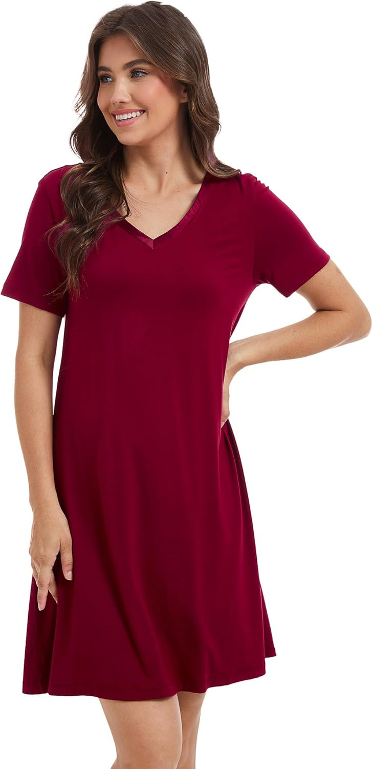 GYS Womens Bamboo Viscose Nightgown, Silky Soft Lightweight Short Sleeve Sleep Dress with Satin V-Neck for Hot Sleepers