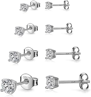 925 Sterling Silver Stud earrings Set | White Gold Plated Hypoallergenic Stud Earrings | Cubic Zirconia Stud Earrings for Women (2mm,3mm,4mm,5mm,6mm,7mm) 8 CZ colors options