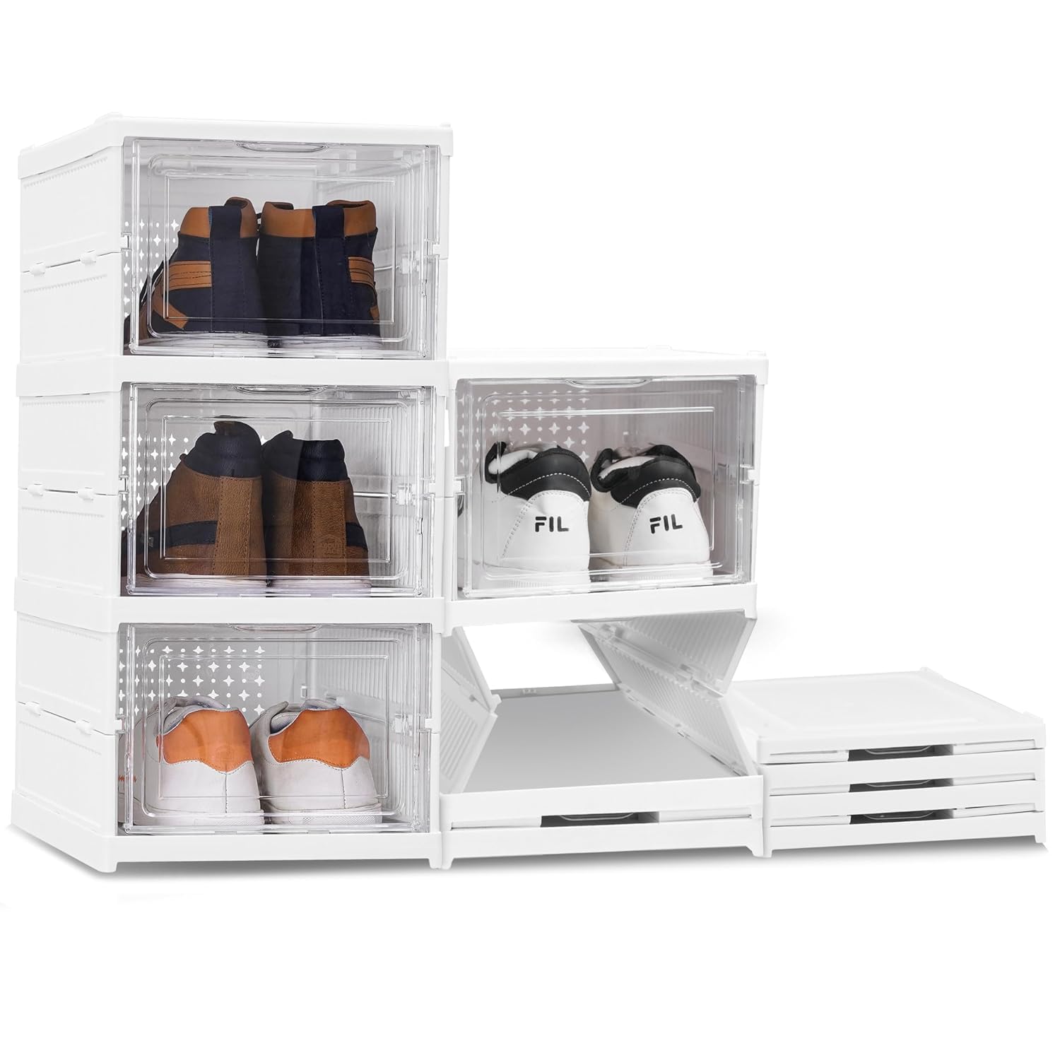 Shoe Box 3 Tier Sneaker Box Shoe Storage Collapsible Shoe Organiser with Door Foldable Sneaker Crates Footwear Organiser for Men, Women, Kids, Slippers, Loafers - (White)