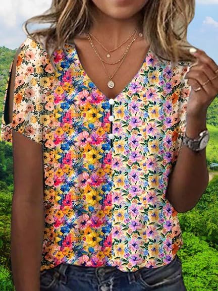 Women's Summer Floral Printed Cotton Shirt Casual V Neck Tank Tops Short Sleeve Loose Fit Blouses Smocked Shirts - Image 2