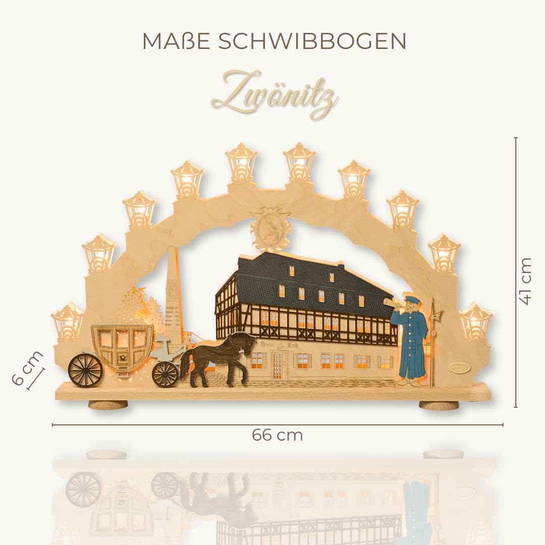 weigla - Schwibbogen original Erzgebirge I Motiv Zwönitz I LED Lichterbogen Weihnachten I 15 Lampenkerzen + 1 Ersatzlampe I 15 x 16 V, 0,2 W, E10 I beleuchtete Weihnachtsdeko innen I aus Holz