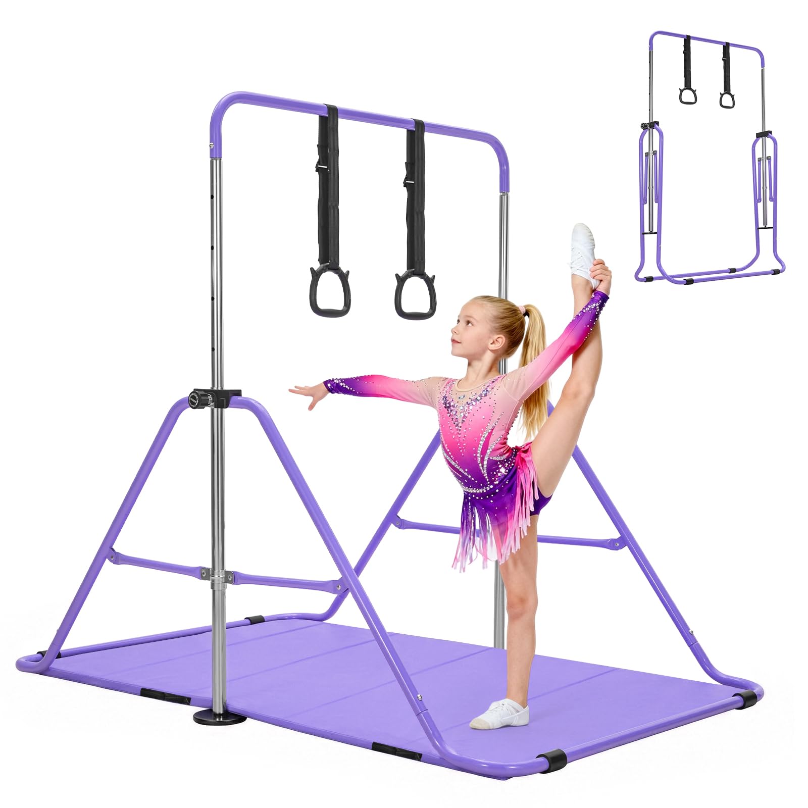 BREEZENEST Foldable Kids Gymnastics Bar Set with Mat & Rings, 4-Level Adjustable Height (89-129cm), Stable Triangular Frame, Home Gym Gear for Boys & Girls 3-12 (Purple)