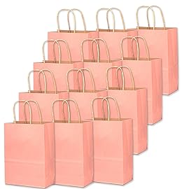 qiqee 32-Packs Bright Pink Paper Gift Bags with Handles Bulk 7.6x4.75x10.5 Medium Size Gift Bags Multiple Uses