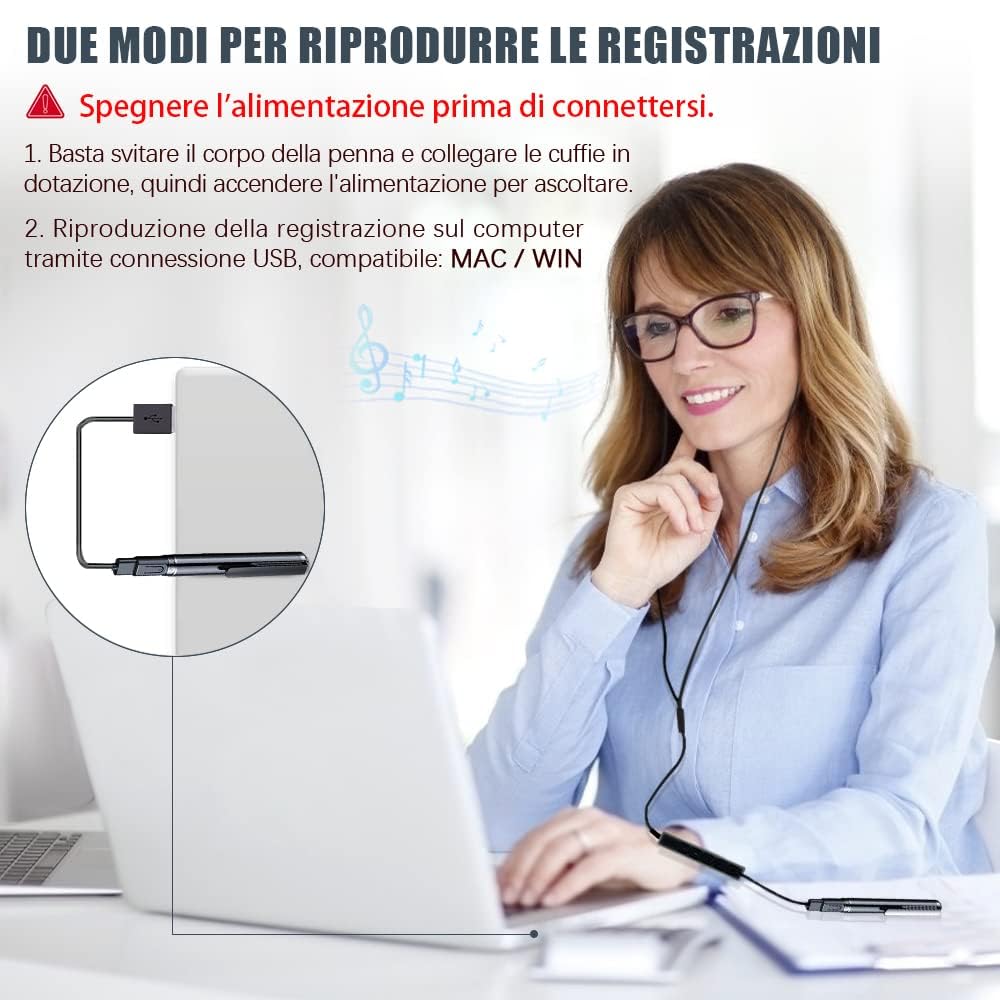 Penna Registratore Vocale 32GB HD - Mini Registratore Portatile Ricaricabile per Conferenze, Riunioni, Interviste & Concerti - Attivazione Vocale & Riproduzione MP3