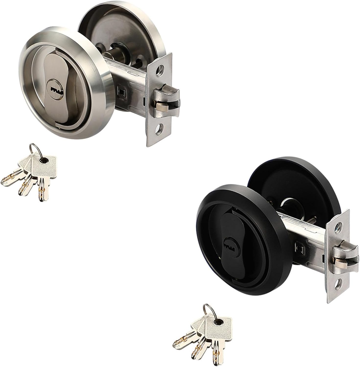 Pocket Door Lock with Key, Stainless Steel Pull Ring Lock Round Recessed Pocket Door Latch Privacy Door Hardware Suitable for Bed Bath Kitchen Barn Door(Silver and Black)