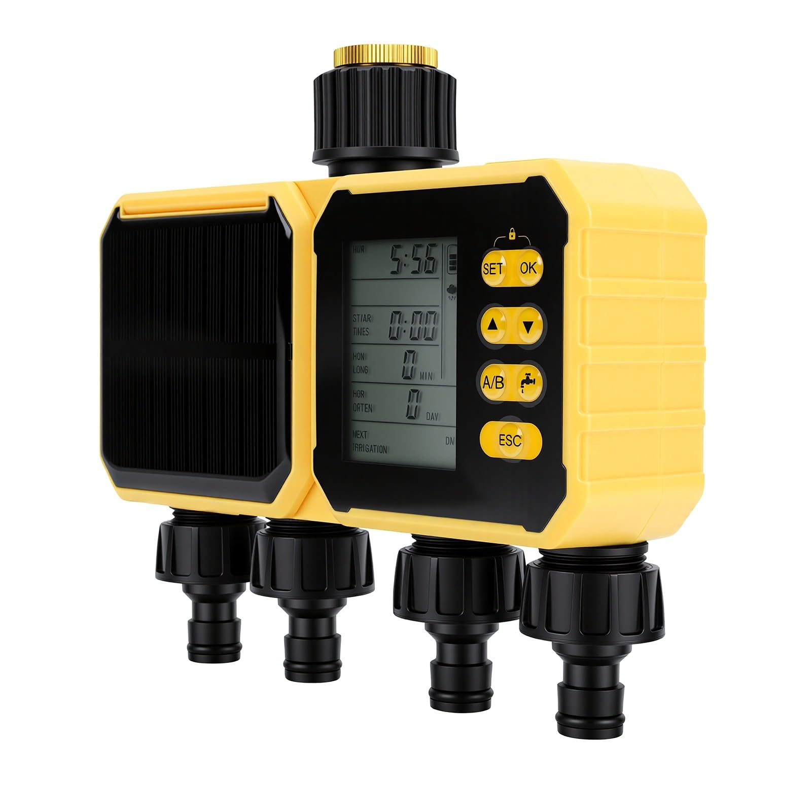 Fafeicy WiFi Solare Timer Irrigazione Intelligente Timer Irrigatore da Giardino in Ottone a 4 Zone App da 2,4 GHz e Controllo Vocale Salta Pioggia Modalità Automatica Manuale per Prato,