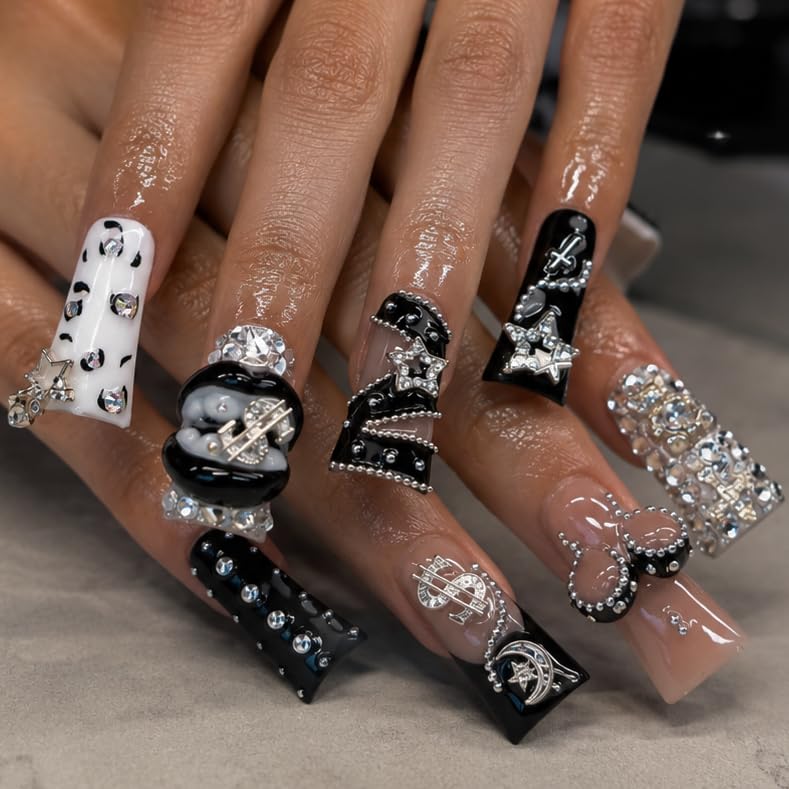 IntoVibes 10 Pieces Luxury Acrylic Press On Nails Long Handmade Duck Nails White And Black Thickened False Nails Exaggerated Lips And 3D Dollar Sign Reusable Fake Nails Acrylic Nails (M)