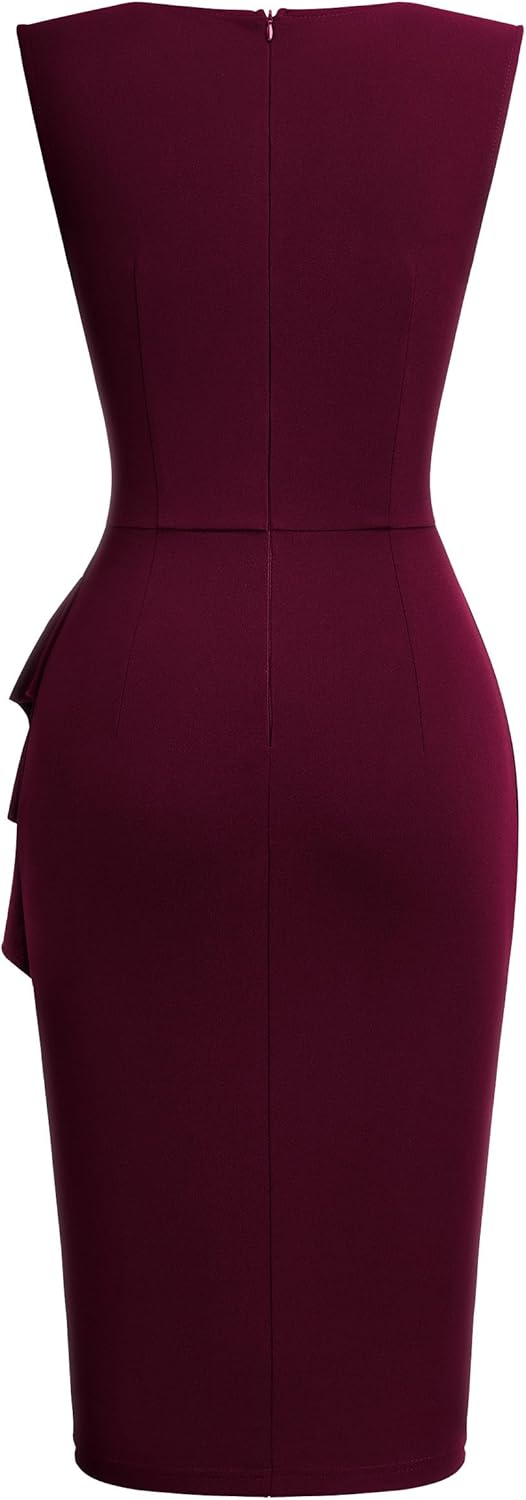 Miusol Women's V-Neck Ruffle Sleeveless Slim Business Work Pencil Dress