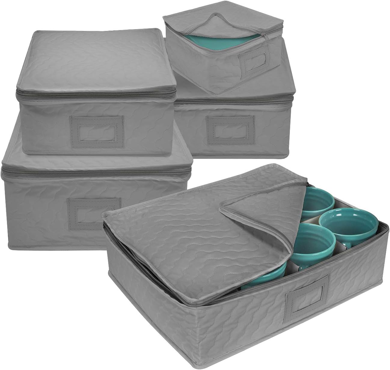 Sorbus® 5-Piece Dinnerware Storage Square Set, Service for 12, Quilted Protection, Includes Felt Protectors and Cardboard Dividers for Plates, Cups, Fine China (Square Storage - Gray)