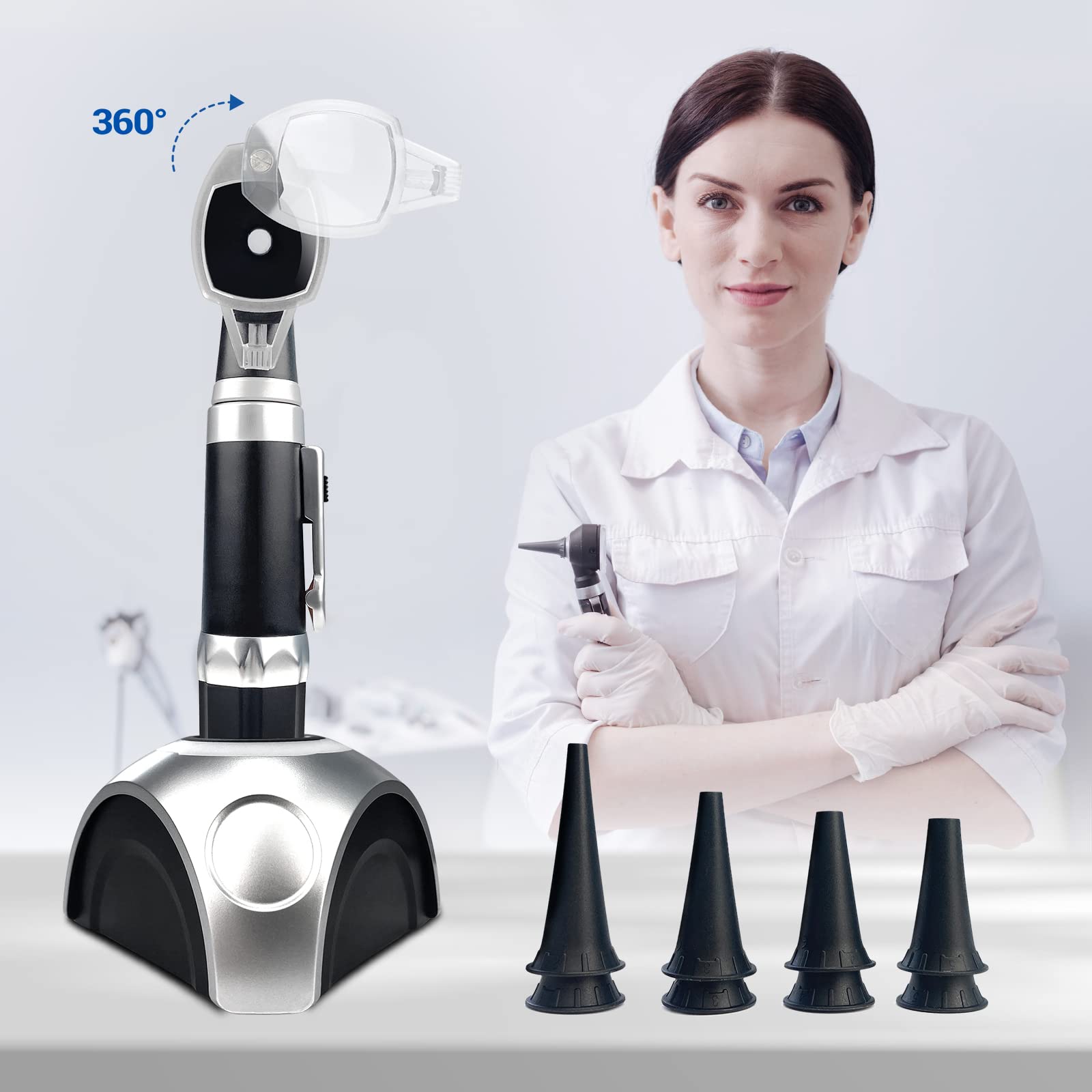 SCIAN Otoscopio con luz - Herramienta de diagnóstico recargable para cuidado auditivo con iluminación de fibra, conjunto de otoscopio de bolsillo para enfermeras, niños, adultos, mascotas (Negro)