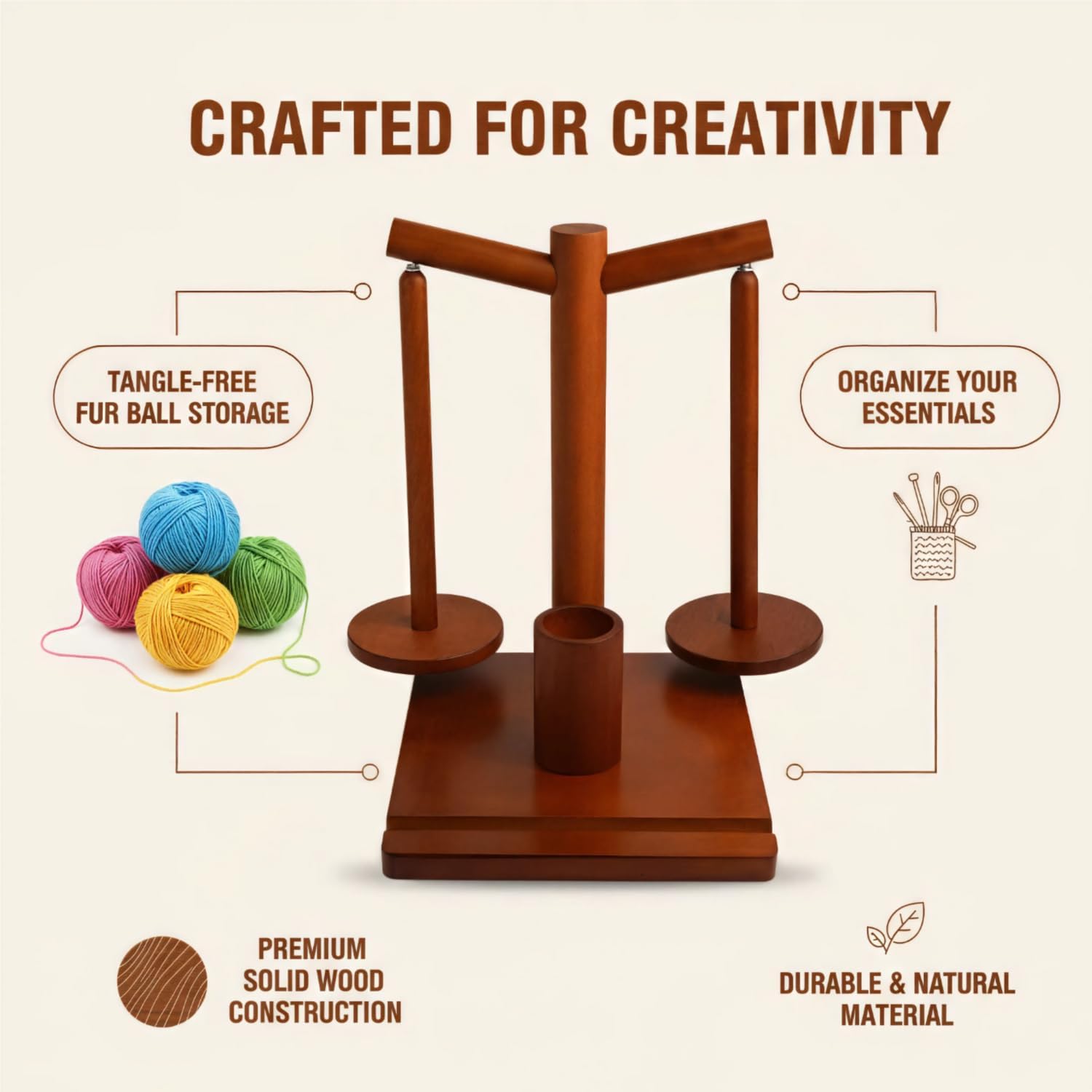 Crochet Yarn Holder with Phone Stand, Magnetic Double Spindles Yarn Holder Spinner, Solid Wood Yarn Spinner with Crochet Accessories Storage, Walnut
