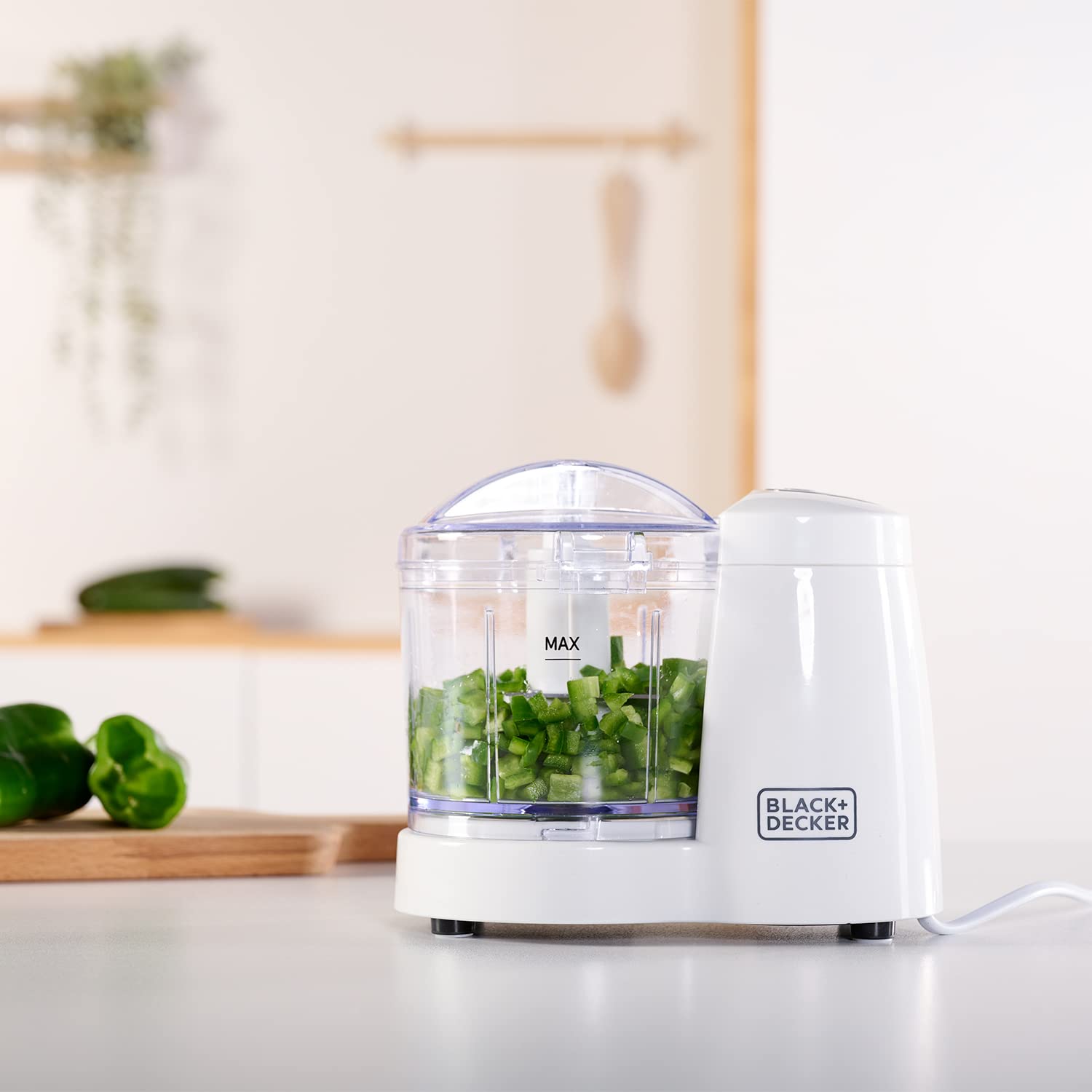 BLACK+DECKER BXCH120E - Tritatutto, 120 W, ciotola in plastica da 350 ml, 1 velocità, coperchio con chiusura di sicurezza, lame in acciaio inossidabile, facile utilizzo e pulizia, bianco/grigio