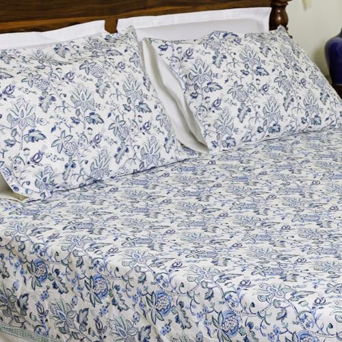 Image of Gulnaar Premium Hand Block Printed Bedsheet | Bed Spread Flatsheet Bed Sheet | Pure Cotton | Double Bed Queen Size 90 inchx108 inch | 300 TC Long Staple Cotton | 2 Pillow Covers | Floral Print