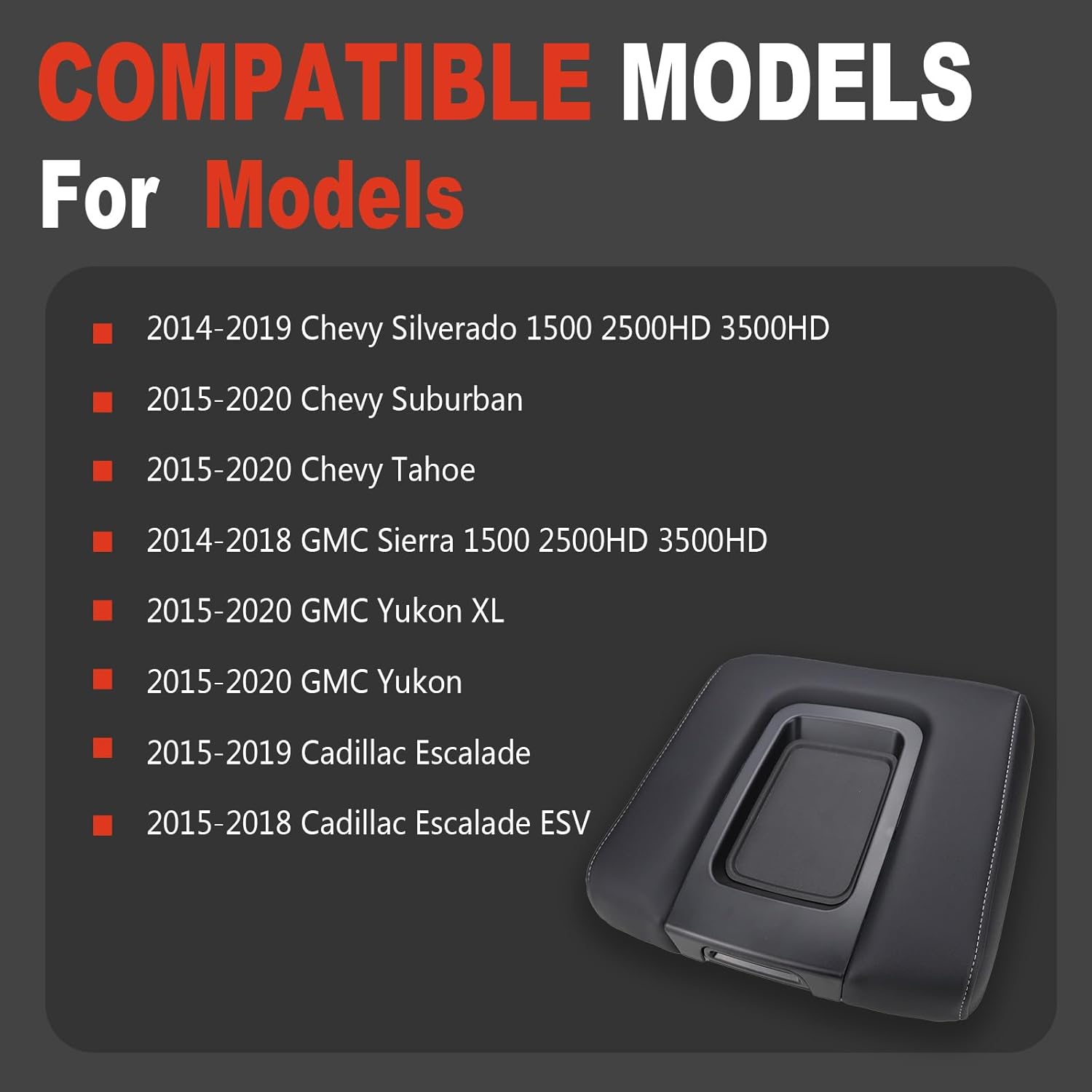 Center Console Armrest Lid Compatible with Chevy Silverado 1500 Suburban | Compatible with Chevrolet Tahoe GMC Sierra 2500HD 3500 HD Yukon Cadillac Escalade 2014 2015 2016 2017 2018 2019 2020 Arm Rest