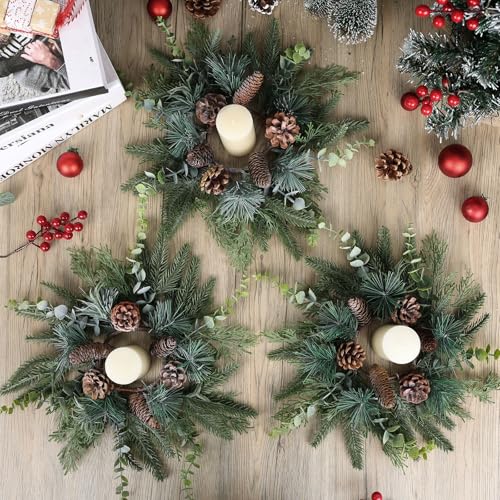 Image of 4 PCS Christmas Candle Rings Wreaths Norfolk Snowy Pine Needles Garland Pinecones Wreaths Artificial Cedar Candle Rings Holder for Christmas Wedding Home Table Centerpiece Door Window Chair Wall