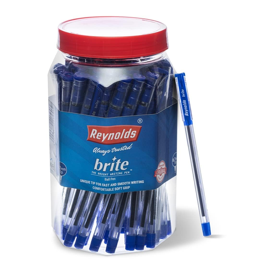Reynolds BRITE Ball Pen SET - 50 BLUE PENS WITH COMFORTABLE GRIP |BLUE BALL PENS FOR WRITING | PEN FOR STUDENTS & OFFICE STATIONERY | 0.7 mm TIP SIZE