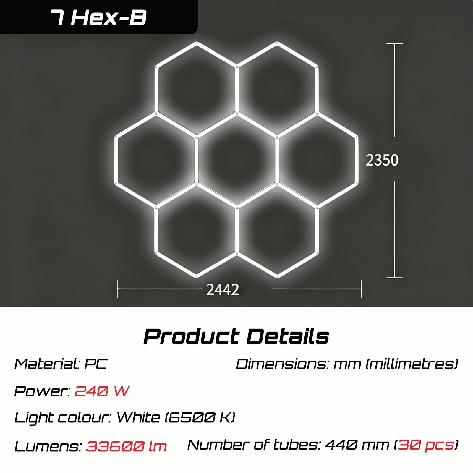 Sześciokątna lampa sufitowa LED do garażu, lampa ścienna z możliwością łączenia łańcuchów | Lampa siatkowa o strukturze plastra miodu z obudową PC, biała 6500K, do garażu, warsztatu, do samochodu, na siłownię
