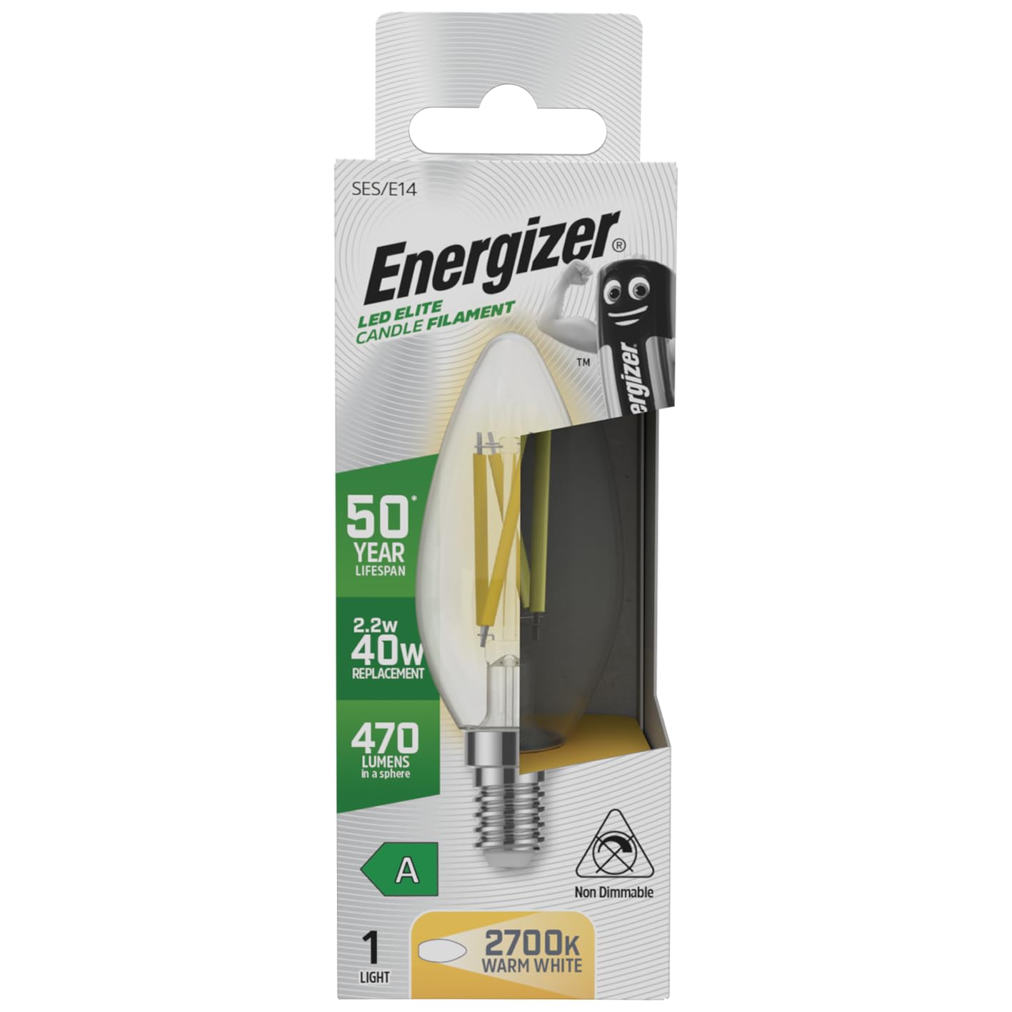 Energizer A Rated LED Elite Candle E14 Filament 470lm 2.2W 2700K - Warm White Light Bulb